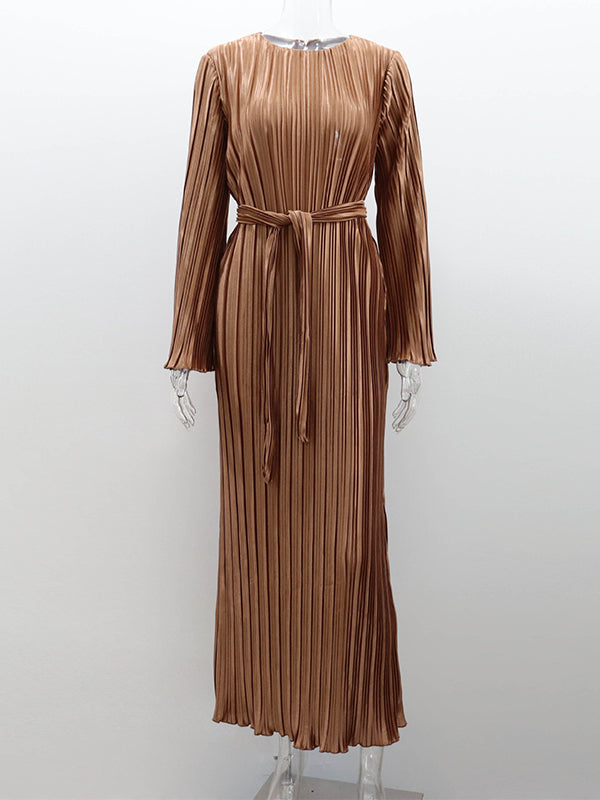 fotobeyou Brown Pleated Ruffle Belted Elegant Photoshoot Baby Shower Maternity Maxi Dress