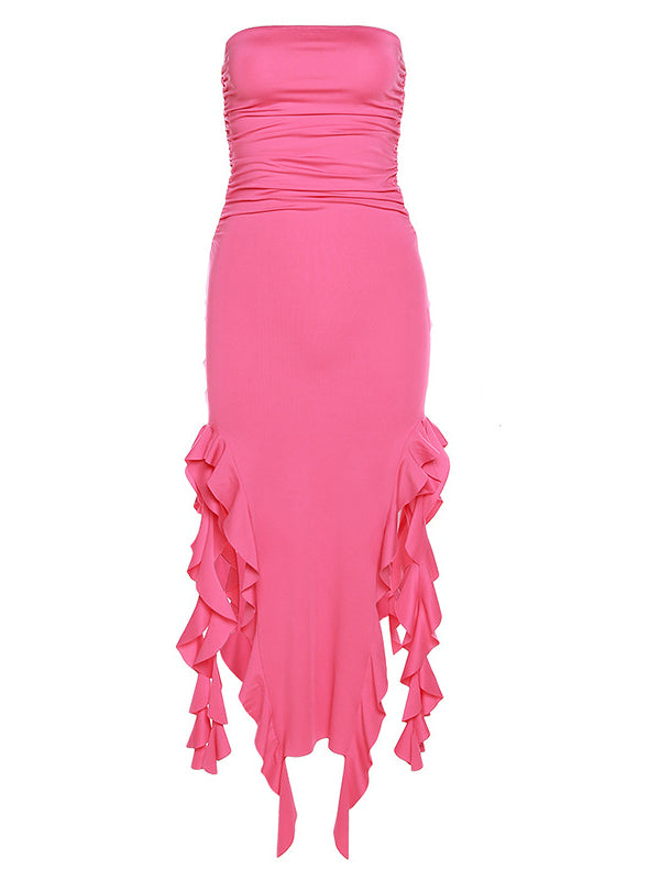 fotobeyou Rose Carmine Ruffle Slit Bodycon Fashion Party Photoshoot Babyshower Maternity Midi Dress