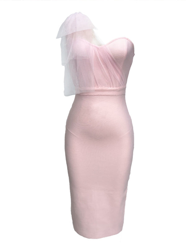 fotobeyou Tulle Bow One Shoulder Back Slit Zipper Bodycon Elegant Cocktail Party Gown Maternity Photoshoot Baby Shower Midi Dress