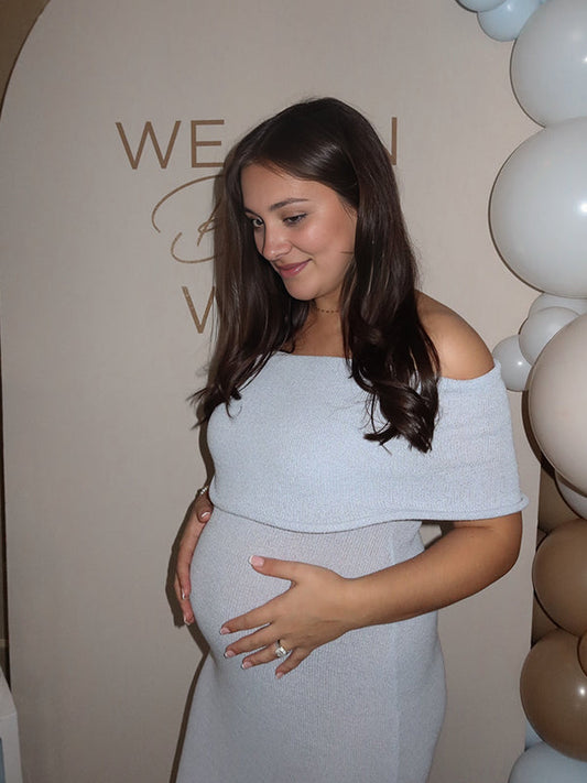 fotobeyou Light Blue Knit Off Shoulder Wire Ripple Hem Bodycon Elegant Cocktail Party Maternity Baby Shower Midi Dress