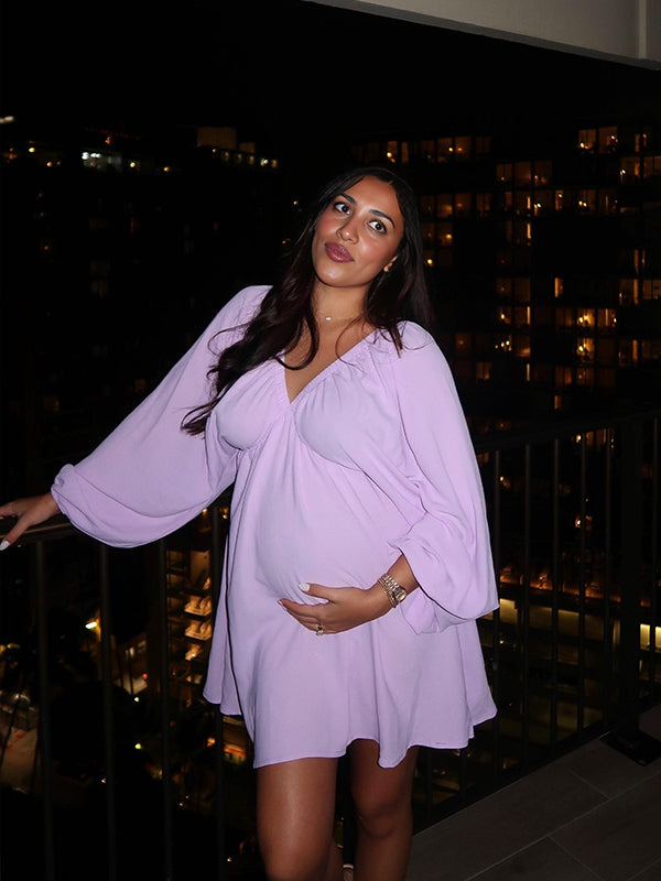 fotobeyou Solid Color Ruffle Hem A-line Lantern Sleeve Casual Going Out Elegant Maternity Photoshoot Mini Dress