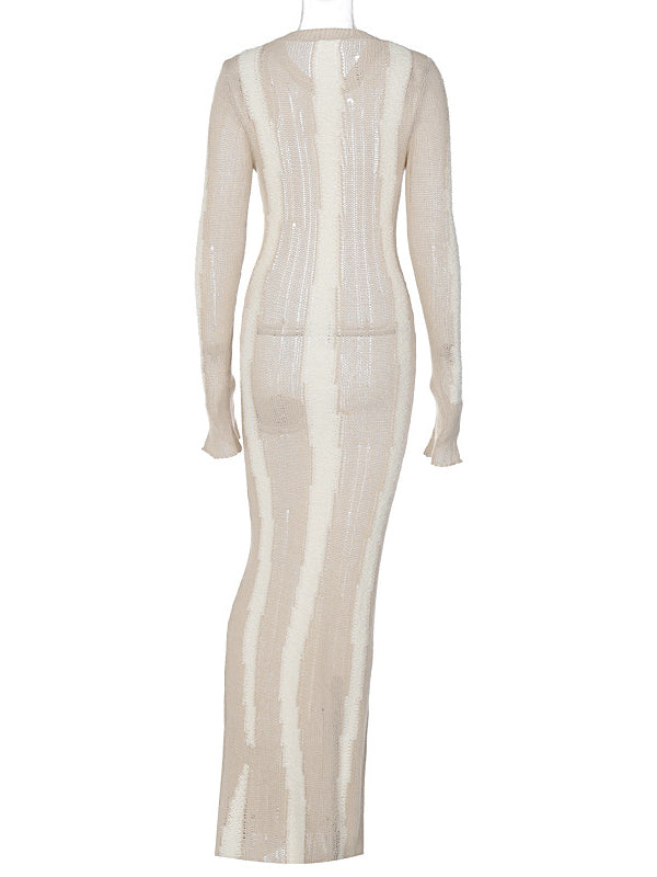 fotobeyou Khaki Knit Striped Cut Out Flare Sleeve Bodycon Photoshoot Baby Shower Maternity Maxi Sweater Dress