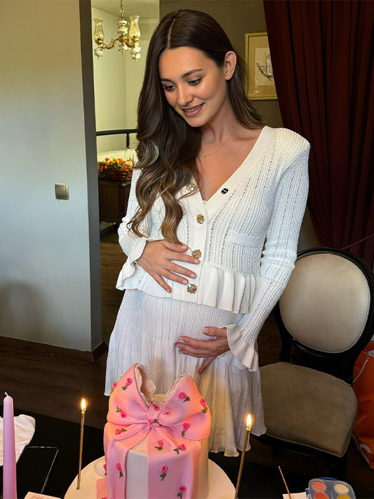 fotobeyou White Buttons Ruffle Knit Cut Out Elegant Baby Shower Maternity Mini Sweater Dress