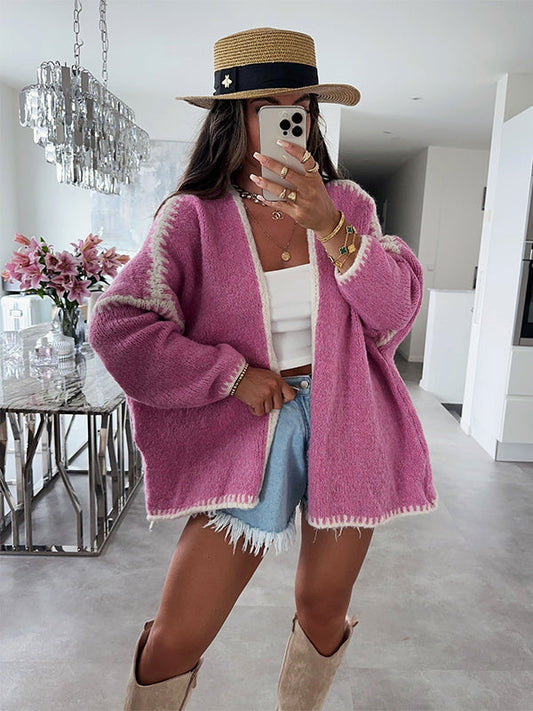 fotobeyou Lines Hit Color Lantern Sleeve Fashion Daily Photoshoot Maternity Sweater Cardigan