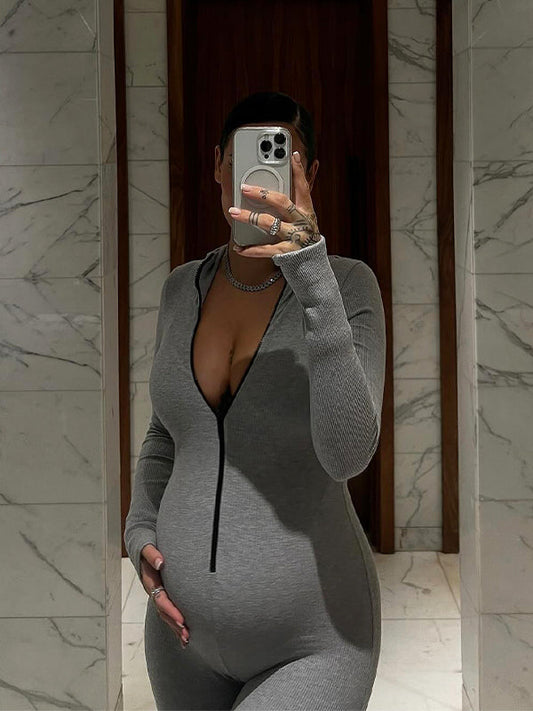fotobeyou Zipper Solid Color Bodycon Daily Casual Yoga Sport Exercise Maternity Jumpsuit