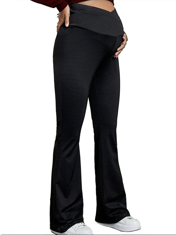fotobeyou Black Over The Belly Flare Bell Bottom High Waisted Work Cozy Pants Casual Maternity Trousers