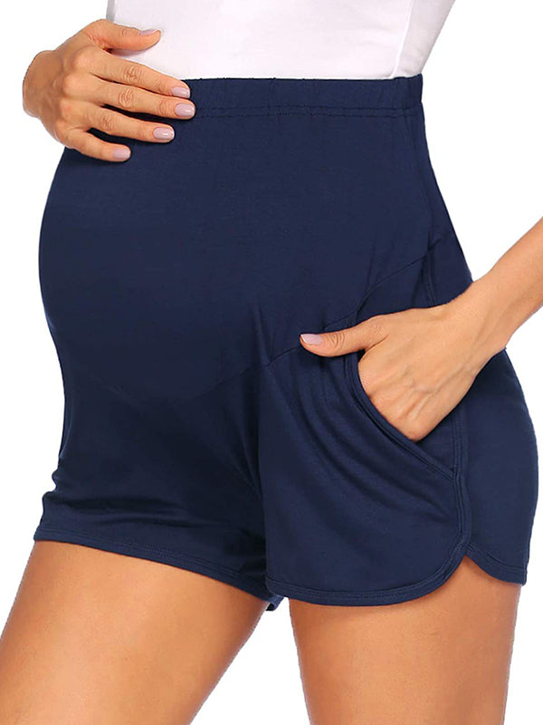 fotobeyou Solid Color Over The Belly Side Slits Pockets High Waisted Workout Cozy Pants Casual Maternity Shorts