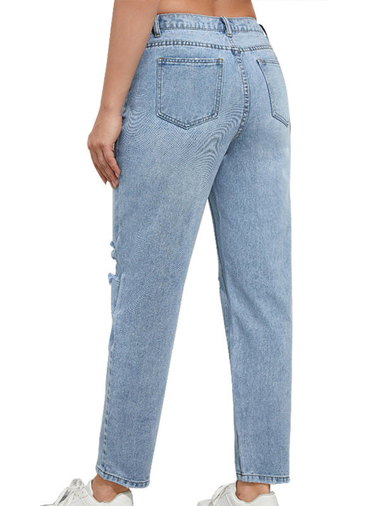 fotobeyou Straight Leg Comfy Stretch Low-Rise Ripped Distressed Denim Pregnancy Pants Casual Boyfriend Maternity Jeans