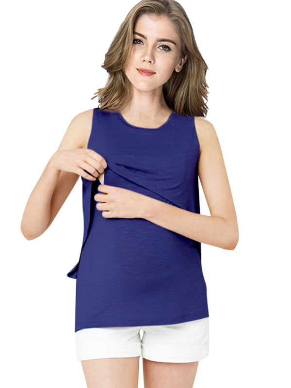 fotobeyou Solid Color Ruffled Sleeveless Breastfeeding Basic Tank Top Casual Daily Maternity Nursing Top