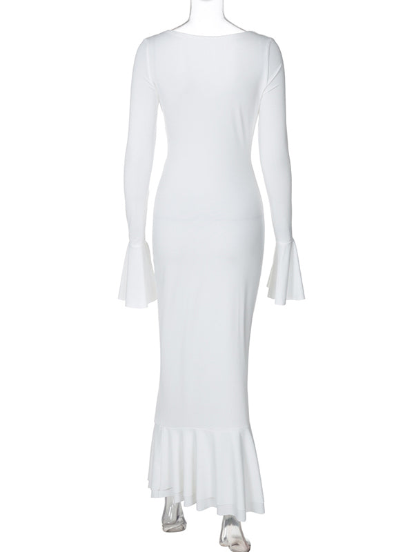 fotobeyou White Cross Chest Ruched Ruffle Falbala Sweetheart Neckline Flare Sleeve Bodycon Mermaid Elegant Maternity Photoshoot Maxi Dress