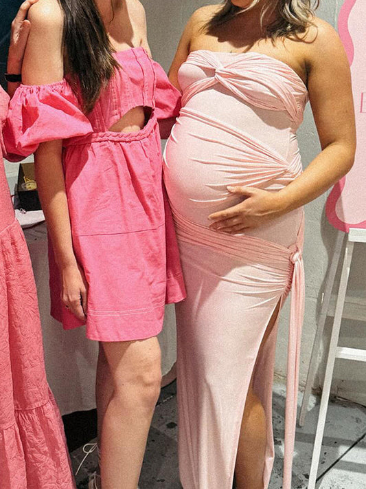 fotobeyou Pink Bandeau Ruched Knot Tie Side Slit Draped Strapless Bodycon Elegant Maternity Photoshoot Baby Shower Maxi Dress