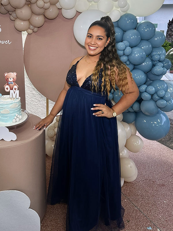 fotobeyou Glitter Sequin Tulle Side Slits Big Swing Cami Backless Elegant Maternity Baby Shower Maxi Dress