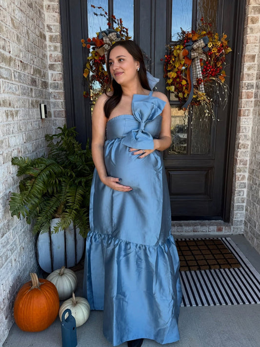fotobeyou Satin Big Bow One Shoulder A-line Elegant Maternity Baby Shower Maxi Dress
