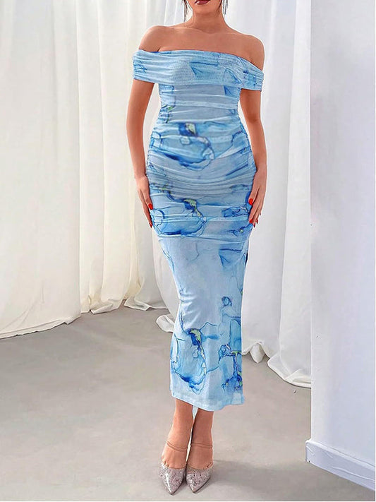 fotobeyou Floral Mesh Off Shoulder Ruched Side Slit Elegant Maternity Baby Shower Maxi Dress