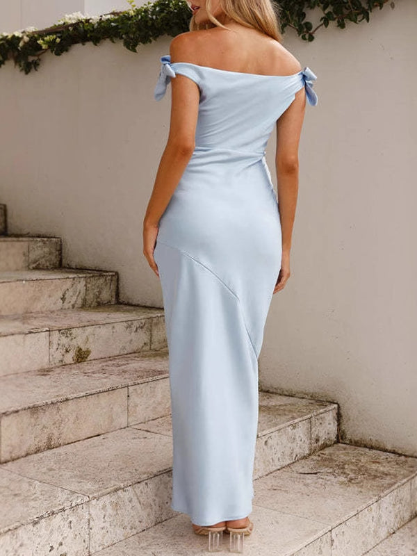 fotobeyou Off Shoulder Ruched Bow Elegant Maternity Baby Shower Maxi Dress