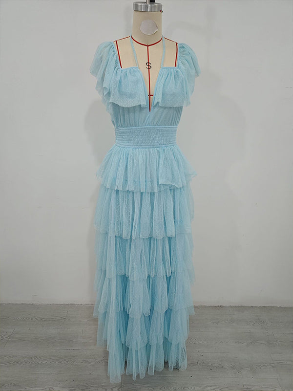 fotobeyou Blue Tulle Off Shoulder Layered Ruffle Falbala Dreamy Maternity Baby Shower Maxi Dress