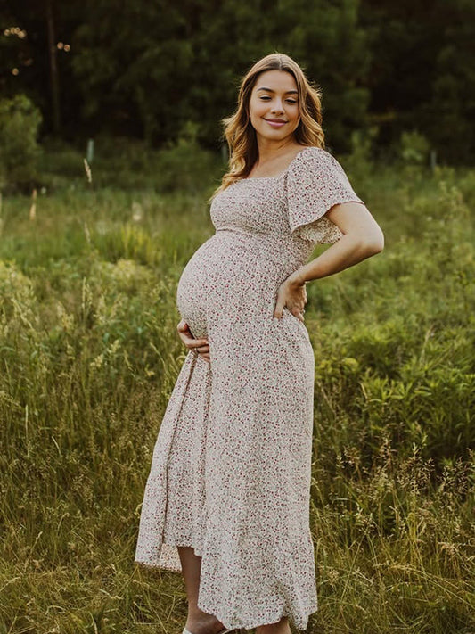 fotobeyou Floral Smocked Big Swing Boho Maternity Photoshoot Midi Dress