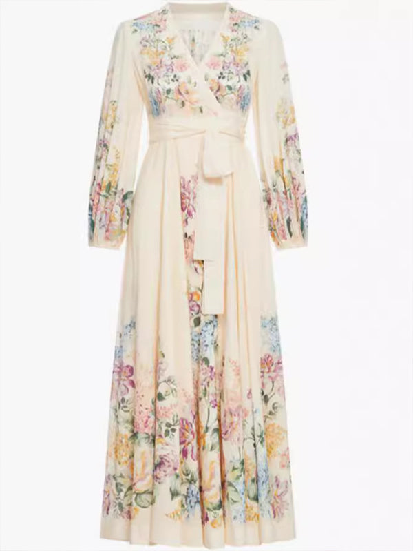 fotobeyou Floral Wrap Belt Big Swing Breastfeeding Elegant Maternity Photoshoot Maxi Dress