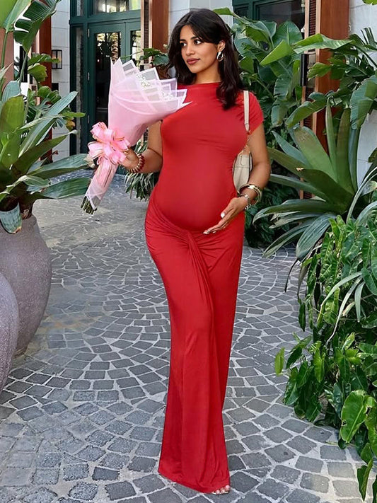 Red Ruched Draped Chic Maternity Going Out Maxi Dress