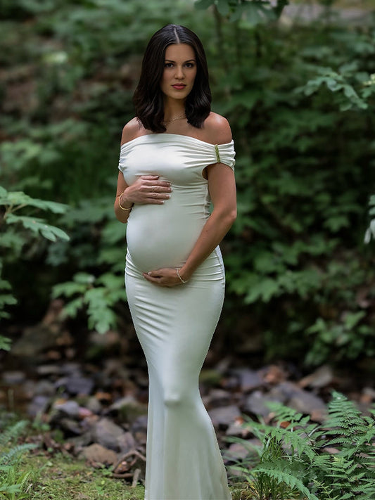 White Off Shoulder Buckle Mermaid Photoshoot Maternity Maxi Dress