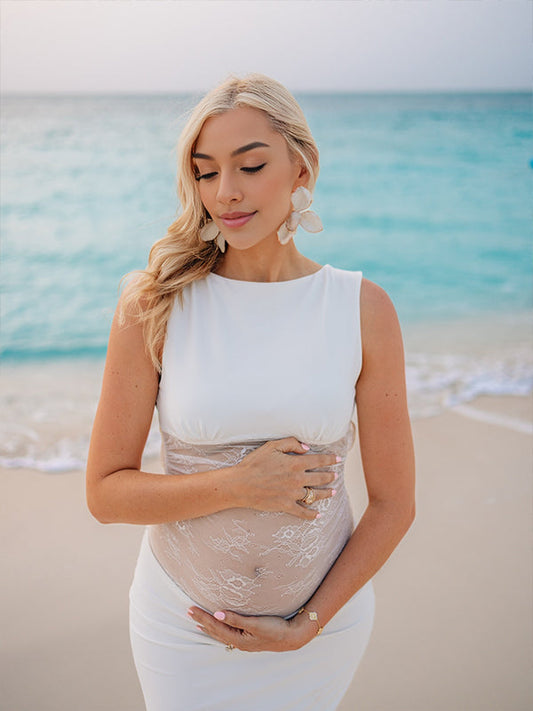 White Splicing Lace Backless Bodycon Maternity Photoshoot Maxi Dress