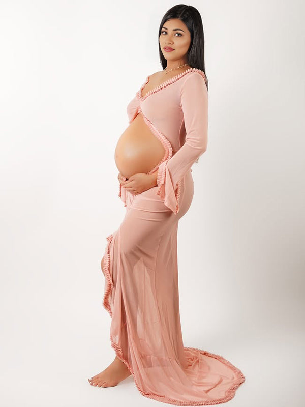 Pink Mesh Ruched Ruffle Crop High-Low Mermaid Sheer Maternity Maxi Dress