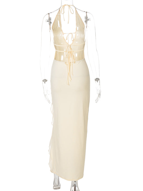 Yellow Ruffle Side Slit Cut Out Maternity Baby Shower Maxi Dress