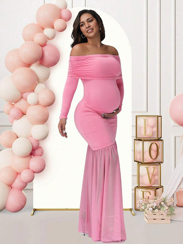 fotobeyou Off Shoulder Mesh Ruched Side Slit Maternity Maxi Dress