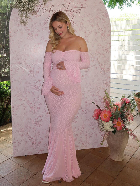 fotobeyou Lace Off Shoulder Mermaid Baby Shower Maternity Maxi Dress