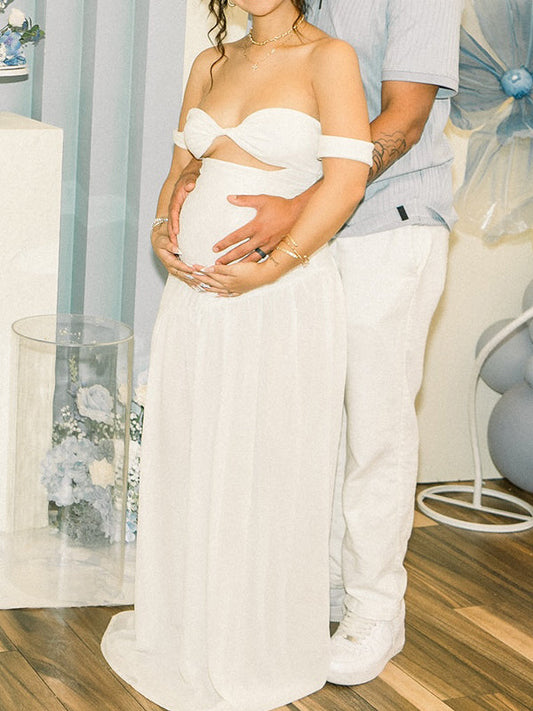 fotobeyou White Off Shoulder Cut Out Big Swing Maternity Maxi Dress