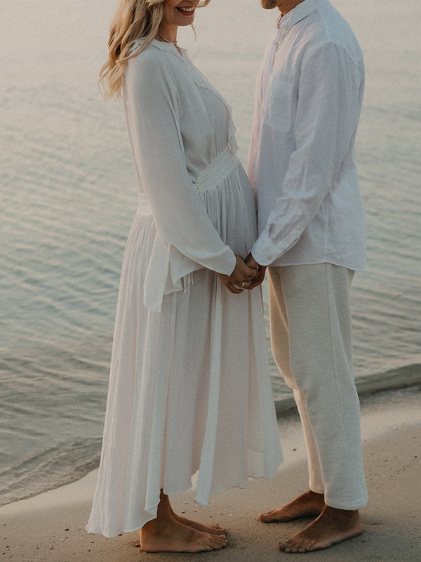fotobeyou White Ruffle Big Swing Ruched Boho Maternity Maxi Dress