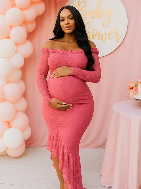 fotobeyou Lace Ruffle Off Shoulder Side Slit Elegant Maternity Maxi Dress