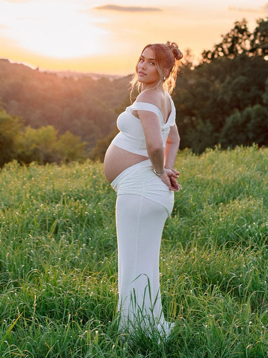 fotobeyou White One Shoulder Ruched Crop Two Piece Set Maternity Maxi Dress