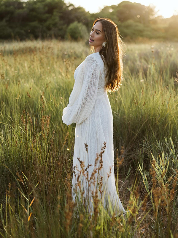 fotobeyou Cream White Ruched Backless Big Swing Lantern Sleeve Boho Maternity Maxi Dress