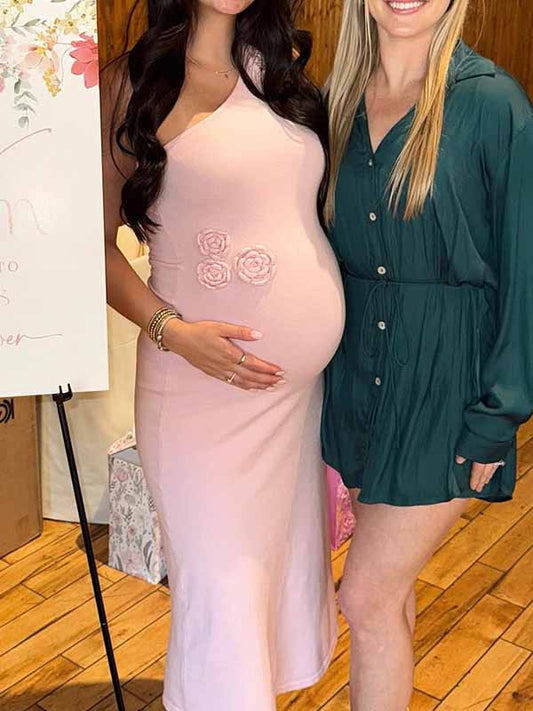fotobeyou Pink Knit 3D Flowers One Shoulder Mermaid Maternity Maxi Dress