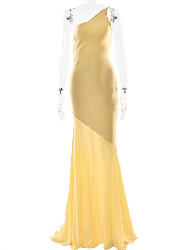 fotobeyou Satin Mesh Patchwork One Shoulder Backless Mermaid Maternity Maxi Dress
