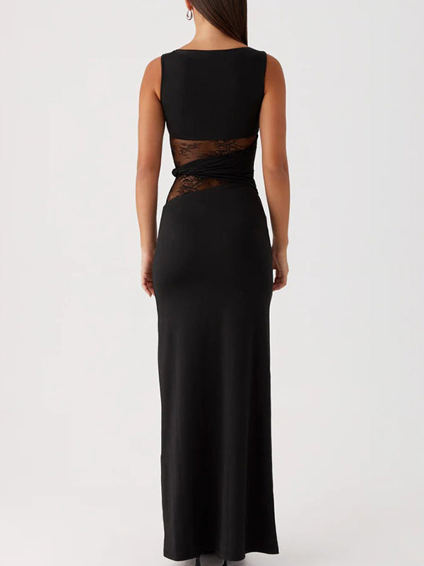 Fotobeyou Lace Patchwork Ruched Twisted Waistband Bodycon Maternity Maxi Dress