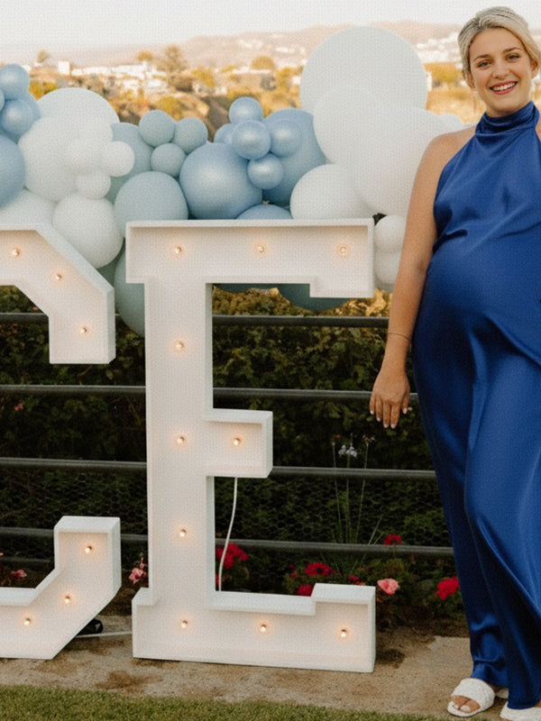 Fotobeyou Blue Satin Tie Back Halter Neck Backless Maternity Maxi Dress