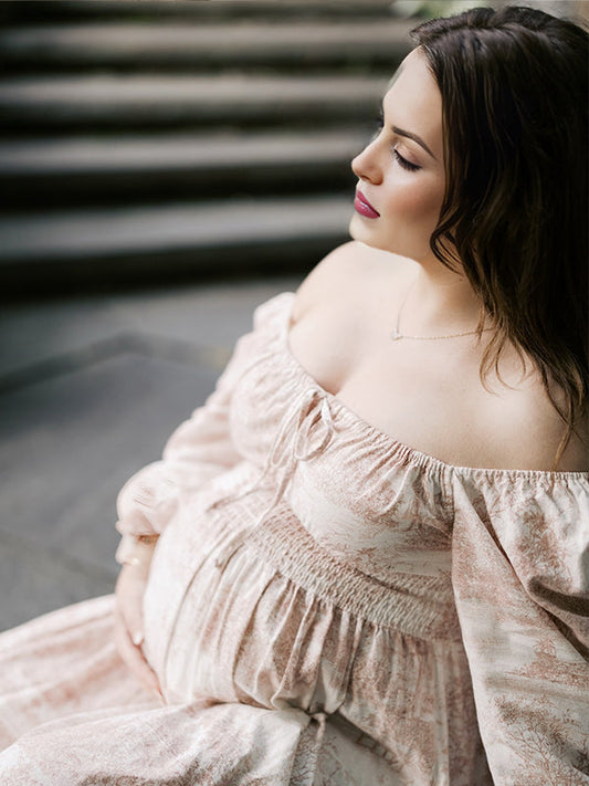 Fotobeyou Floral Smocked Lace-Up Off Shoulder A-line Maternity Maxi Dress