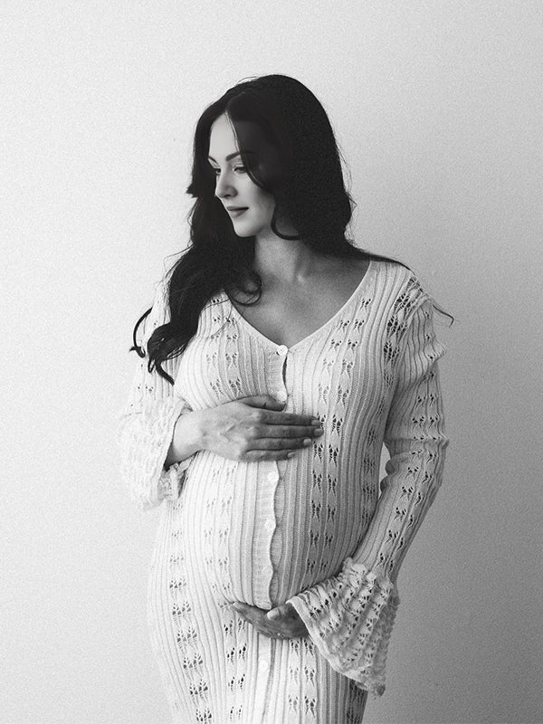 fotobeyou Apricot Cut Out Knit Flare Sleeve Buttons Cardigan Photoshoot Fall Maternity Maxi Dress