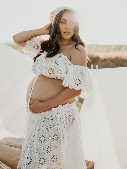 fotobeyou 2-in-1 Lace Cut Out Ruffle Front Slit Off Shoulder Flowy Boho Photoshoot Maternity Maxi Dress