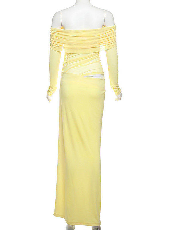 fotobeyou Off Shoulder Cut Out Grenadine Splicing Sheer Ruched Baby Shower Maternity Maxi Dress