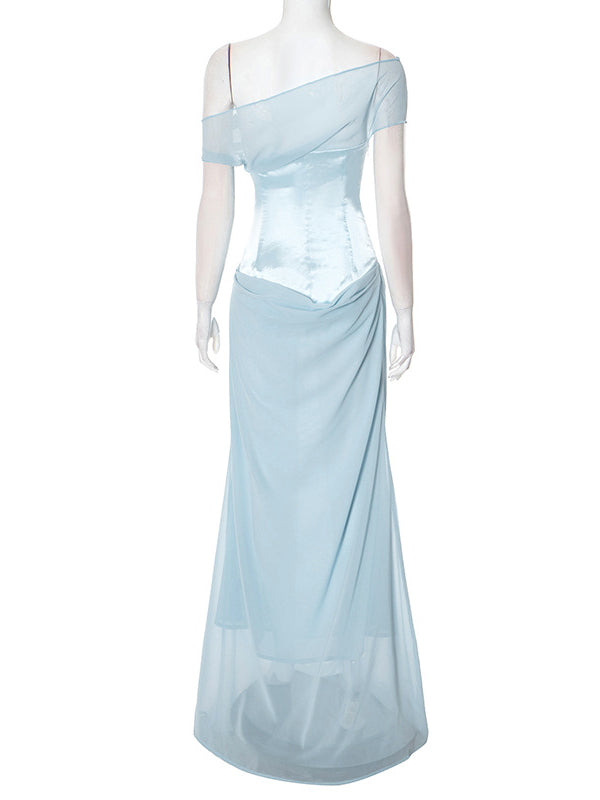 fotobeyou Off Shoulder Silk Grenadine Splicing Mermaid Gender Reveal Baby Boy Shower Maternity Maxi Dress