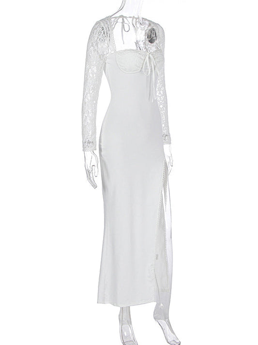 fotobeyou Lace Side Slit Backless Tie Photoshoot Maternity Maxi Dress