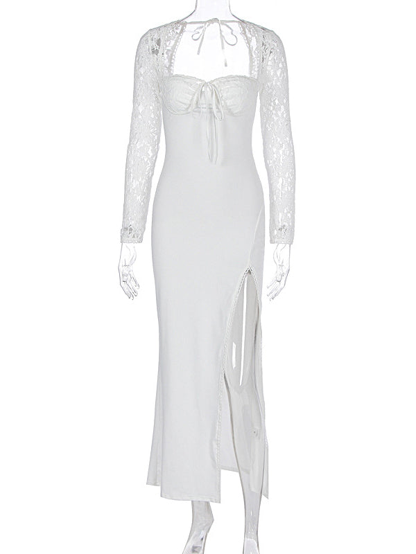 fotobeyou Lace Side Slit Backless Tie Photoshoot Maternity Maxi Dress