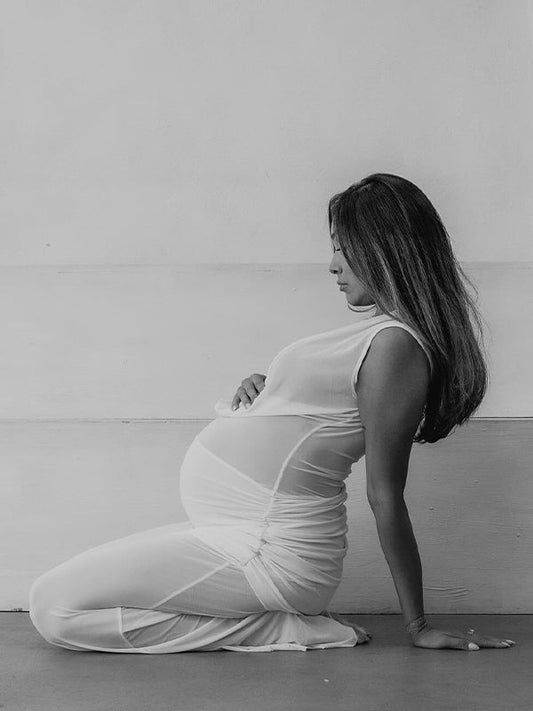 Fotobeyou Ruched Backless Sheer Photoshoot Maternity Maxi Dress