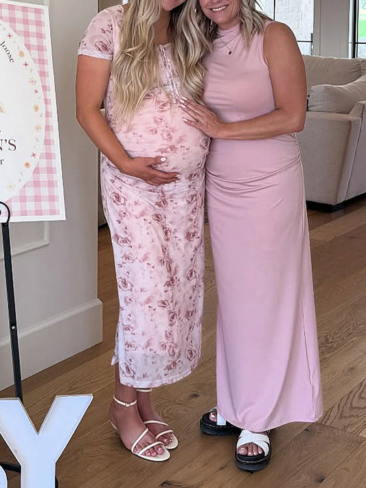 Fotobeyou Pink Floral Tie Baby Girl Shower Maternity Maxi Dress