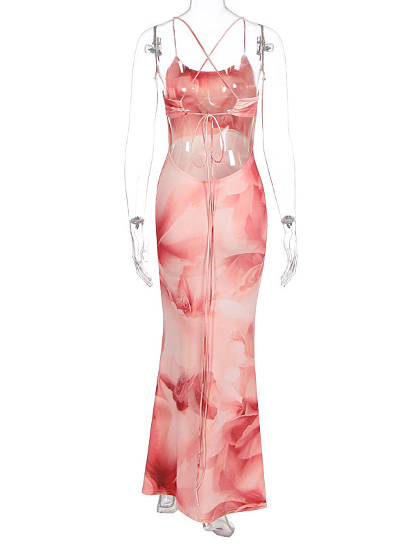 Fotobeyou Pink Flowers Backless Tie Baby Shower Maternity Maxi Dress