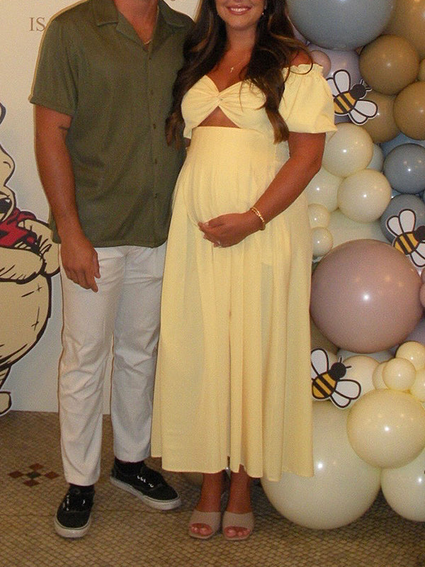 Fotobeyou Yellow Twist Cut Out Smocked Baby Shower Maternity Maxi Dress