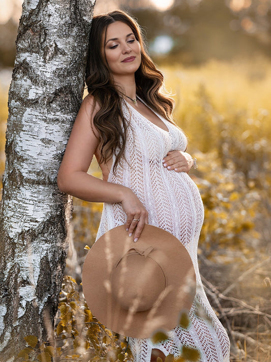 Fotobeyou White Knit Cut Out Backless Photoshoot Maternity Maxi Dress
